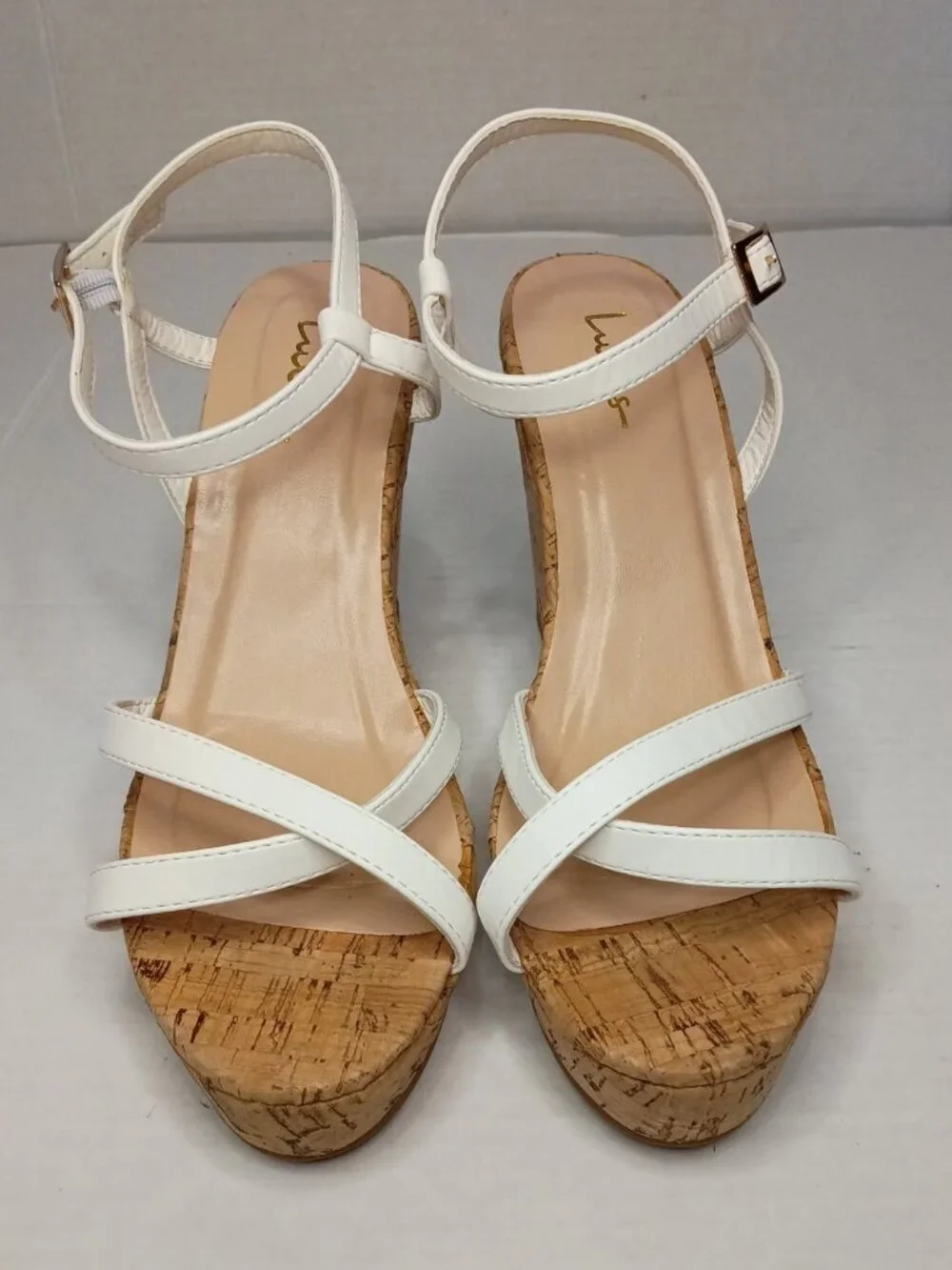 Lulus White Strappy Cork Look Wedge Sandals Women’s Size 8.5